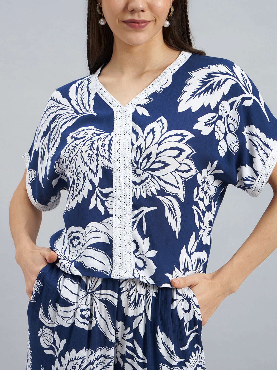 Navy Floral Viscose Flex Co-Ord Set With Relaxed Fit