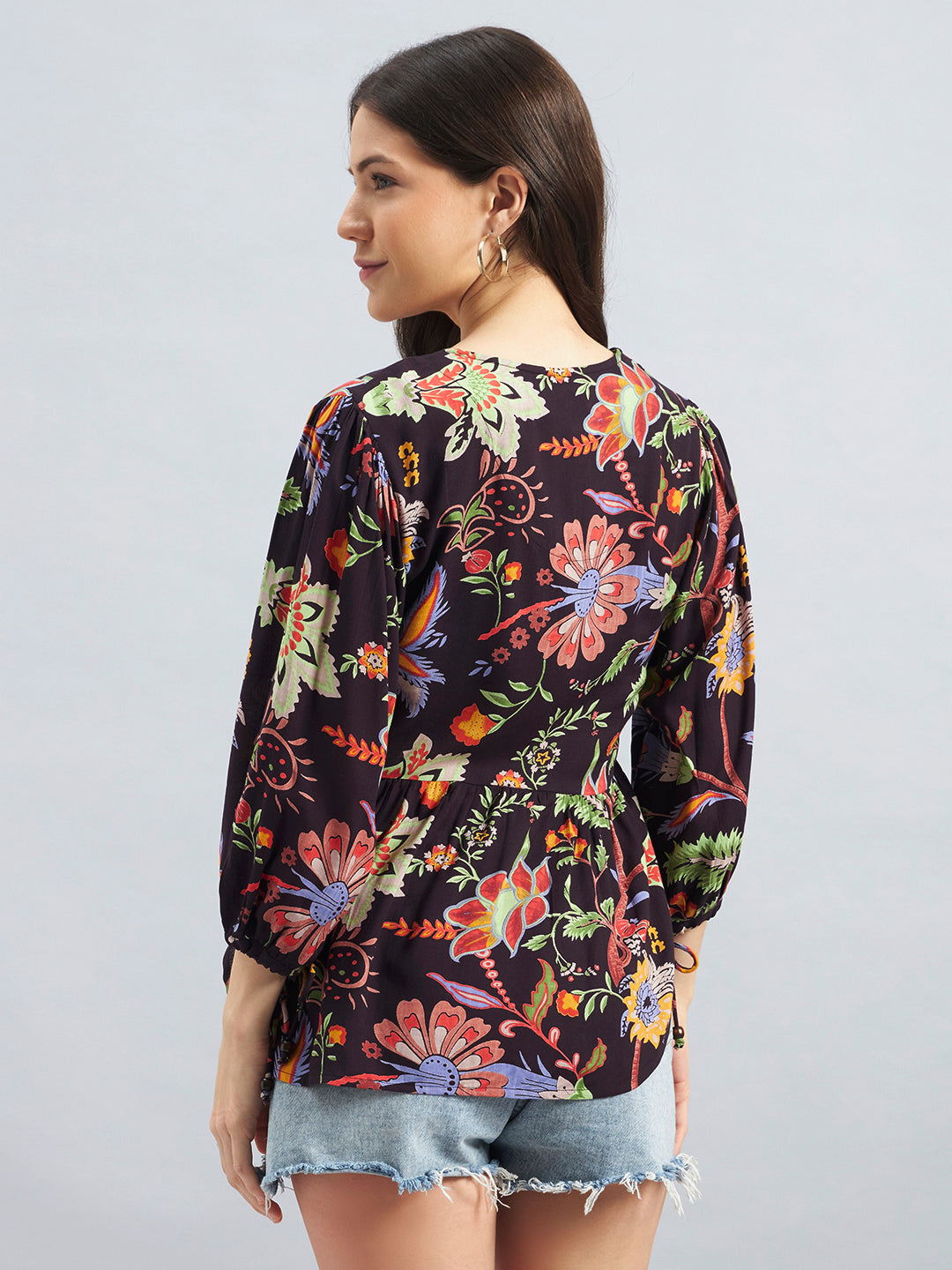 Floral Print Rayon Crepe Peplum Top