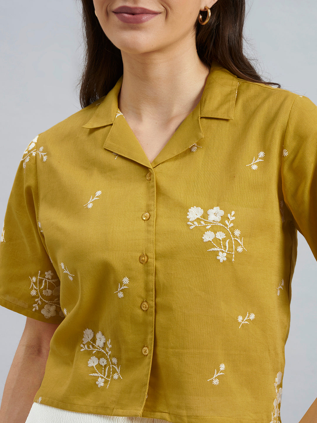 Mustard Floral Embroidered Cotton Flax Shirt Top