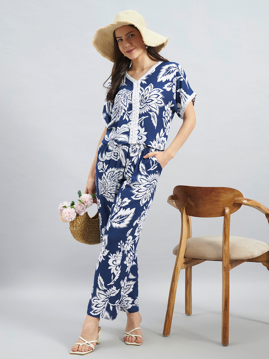 Navy Floral Viscose Flex Co-Ord Set With Relaxed Fit