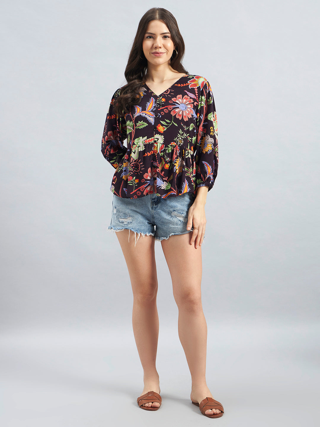 Floral Print Rayon Crepe Peplum Top