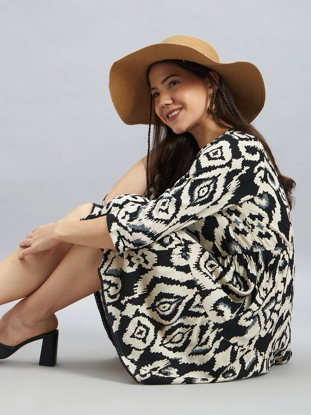 Black & Beige Ikat Print Viscose Flax Tiered Dress