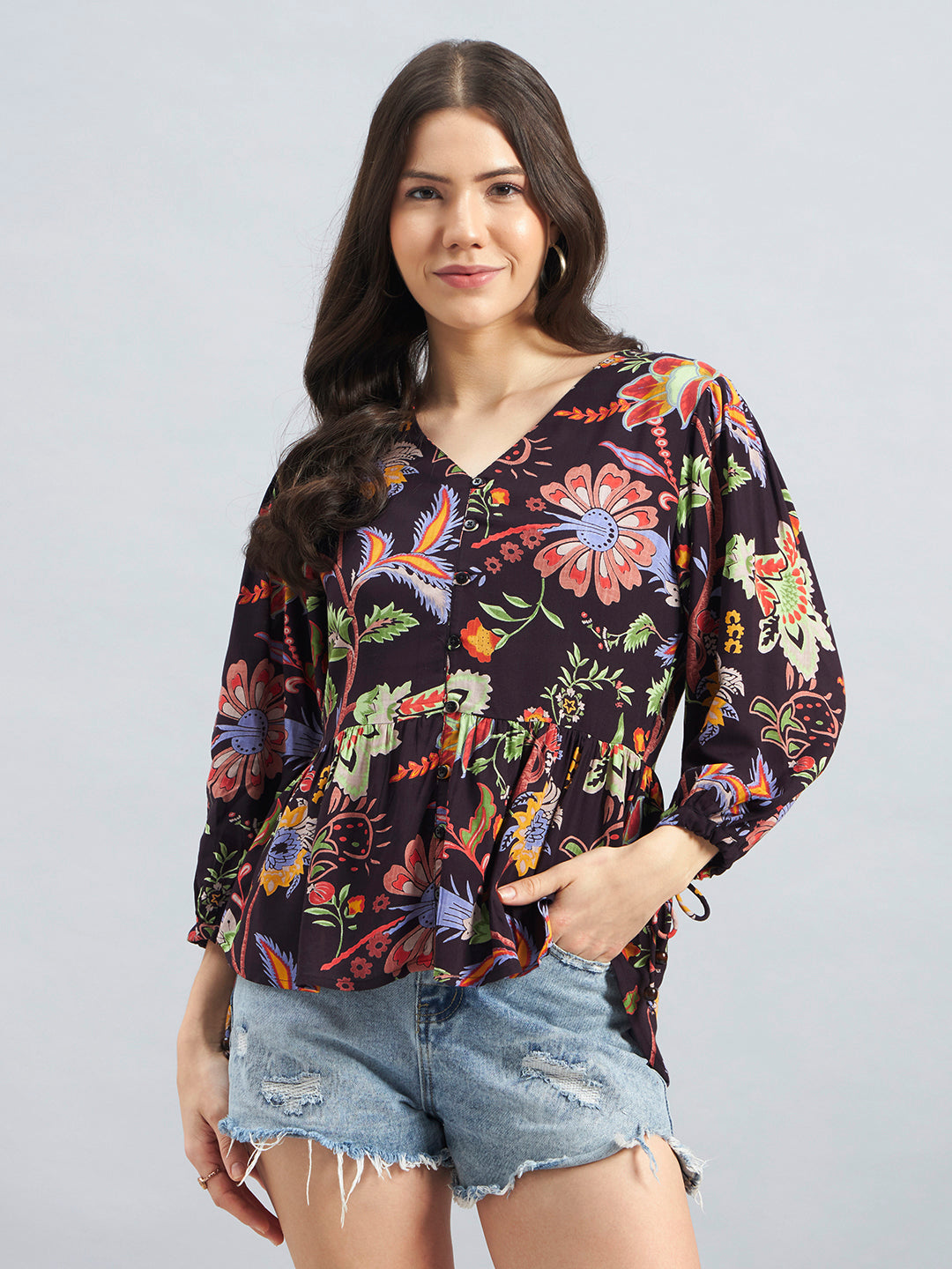 Floral Print Rayon Crepe Peplum Top