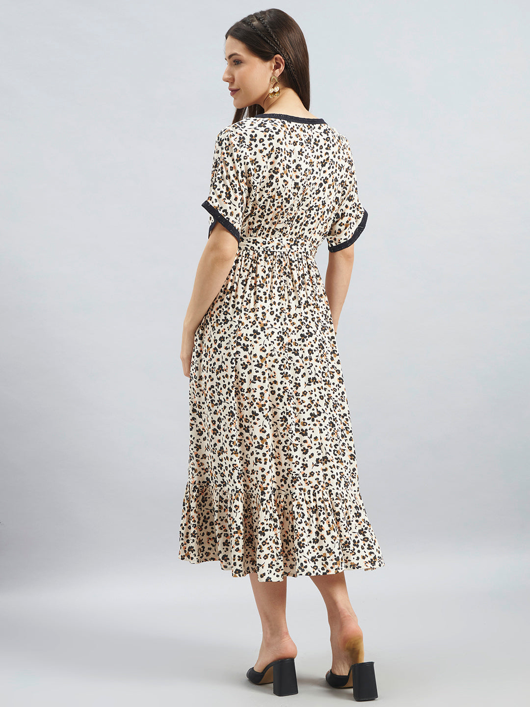 Animal Print Rayon Midi Dress with Tie-Up Waist