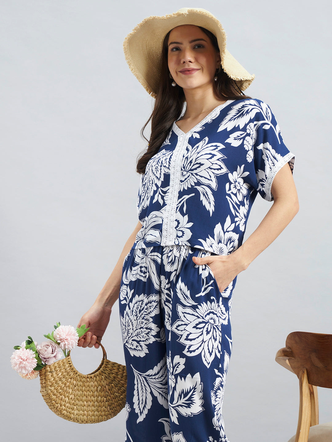 Navy Floral Viscose Flex Co-Ord Set With Relaxed Fit
