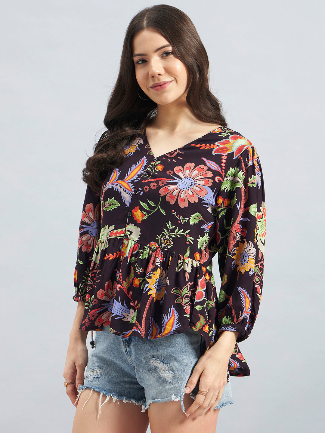 Floral Print Rayon Crepe Peplum Top