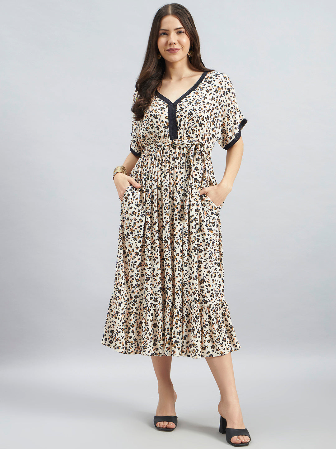 Animal Print Rayon Midi Dress with Tie-Up Waist
