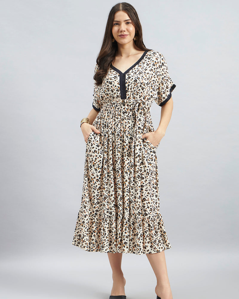 Animal Print Rayon Midi Dress with Tie-Up Waist
