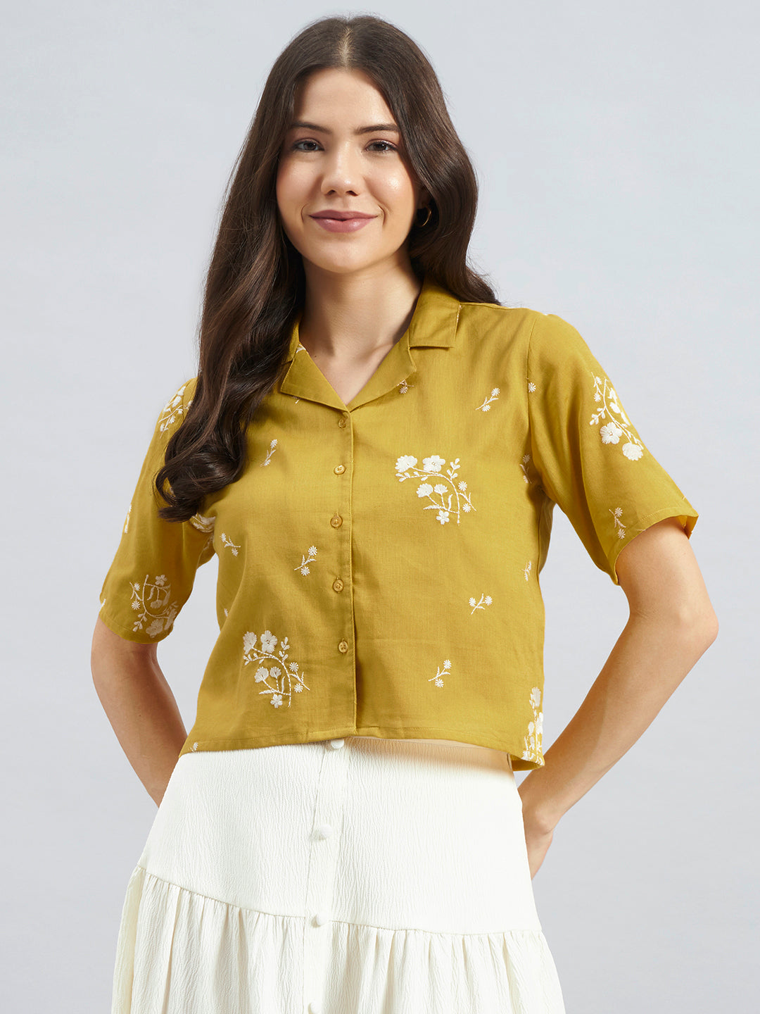 Mustard Floral Embroidered Cotton Flax Shirt Top