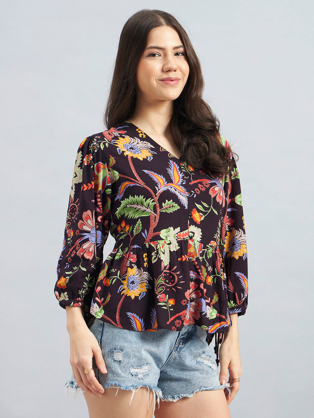 Floral Print Rayon Crepe Peplum Top