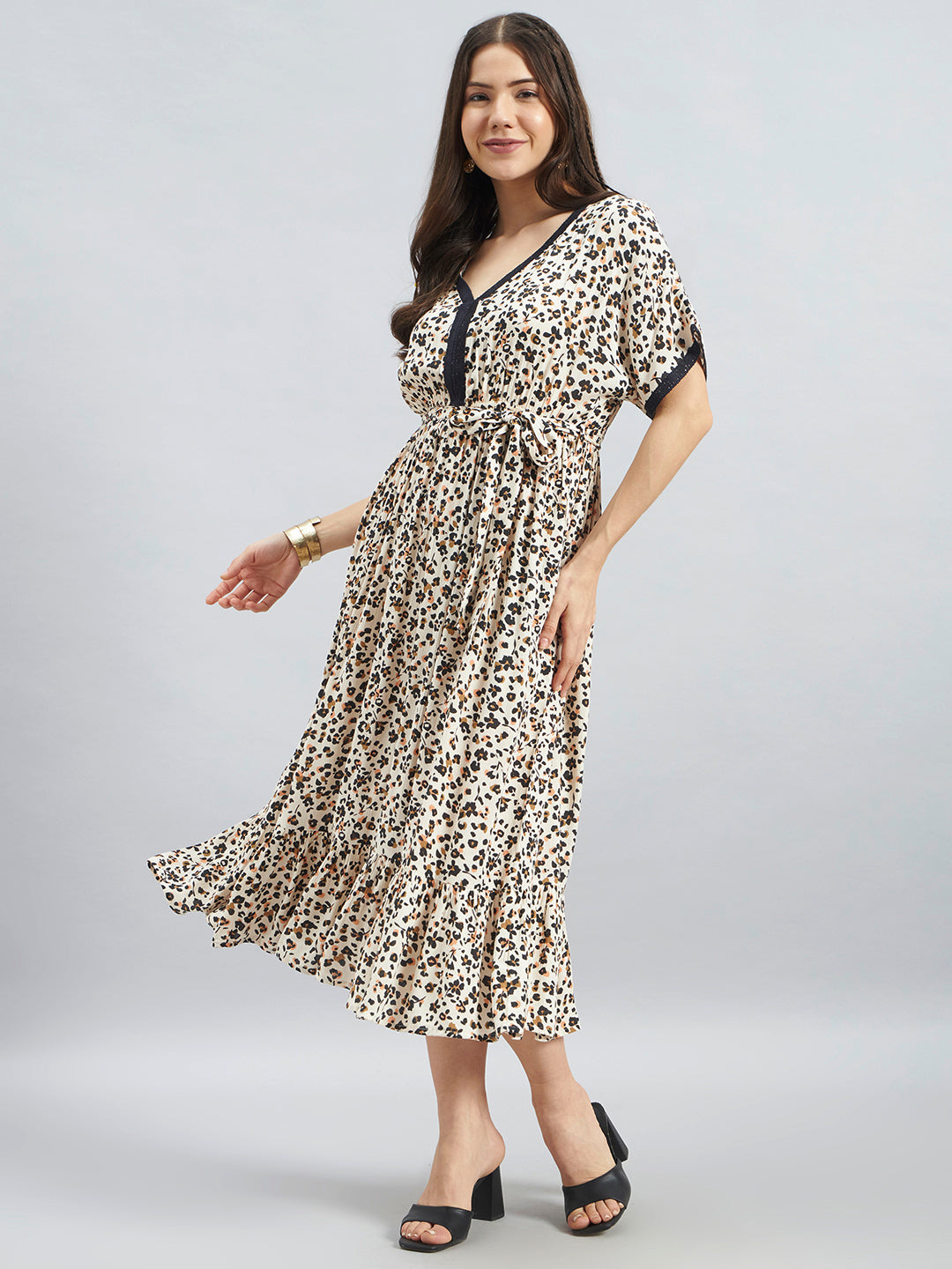 Animal Print Rayon Midi Dress with Tie-Up Waist