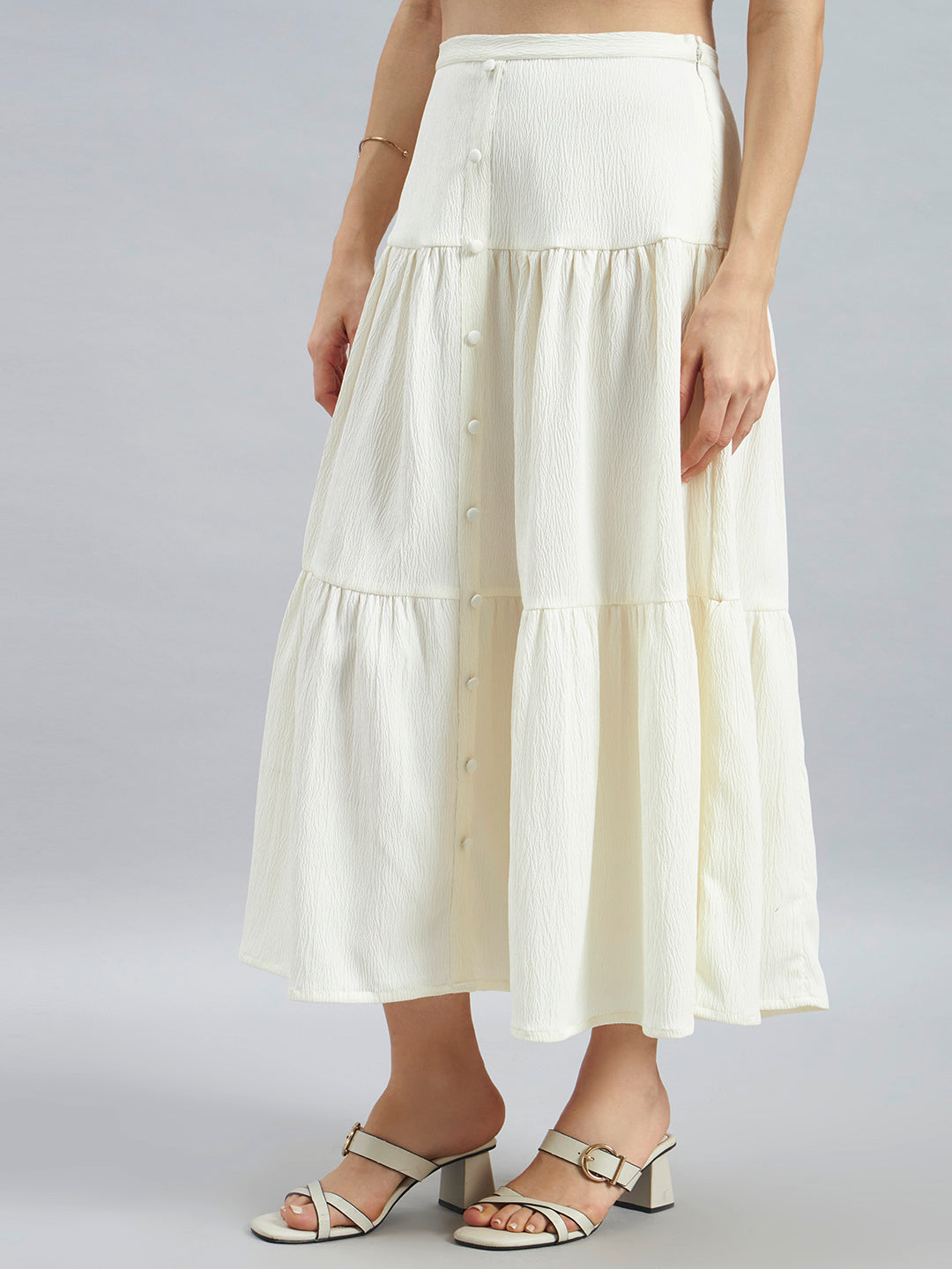 Ivory Solid Poly Lycra Tiered Midi Skirt