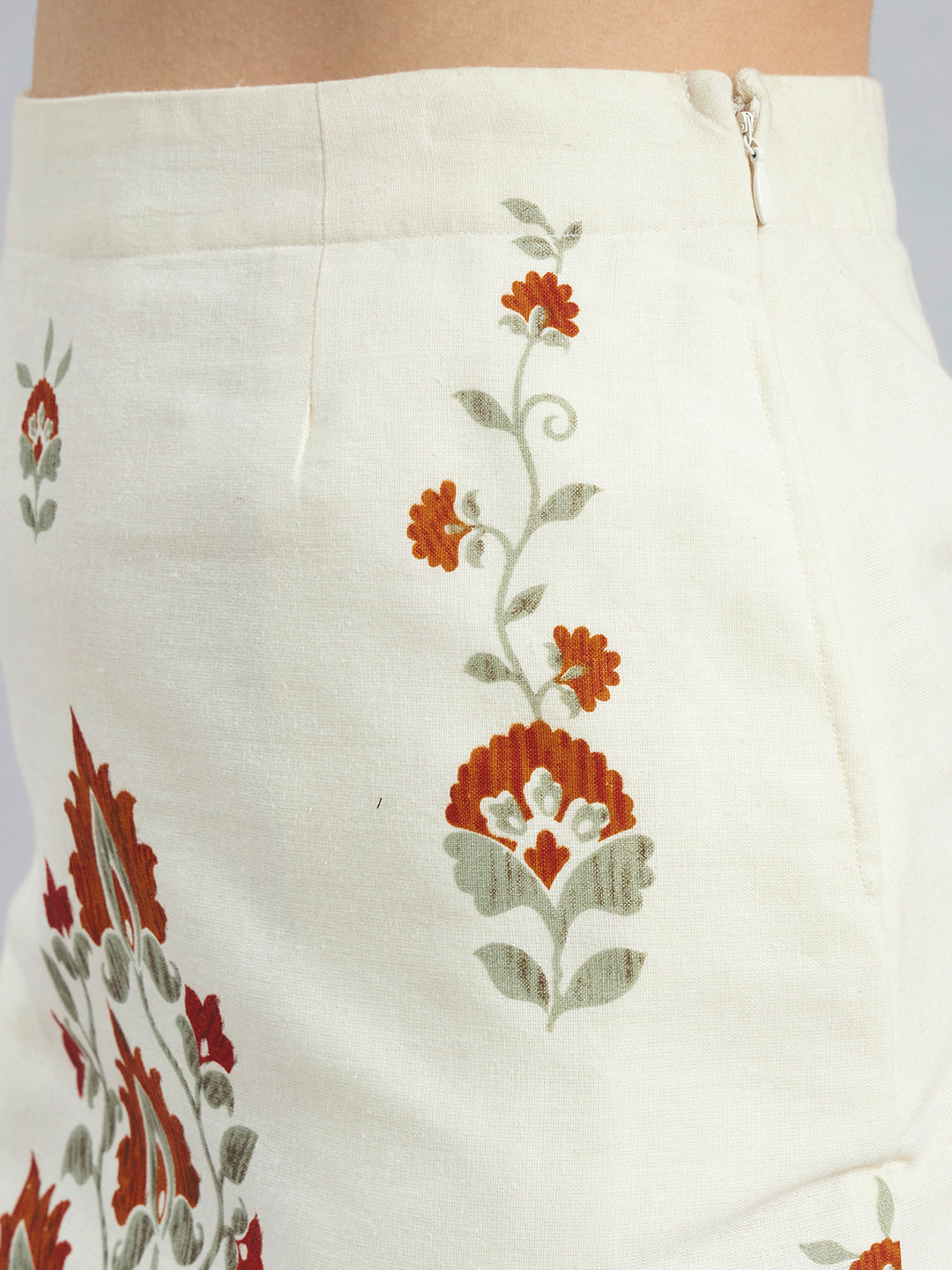 Ivory Floral Embroidered Placement Printed Coords In Cotton Flax