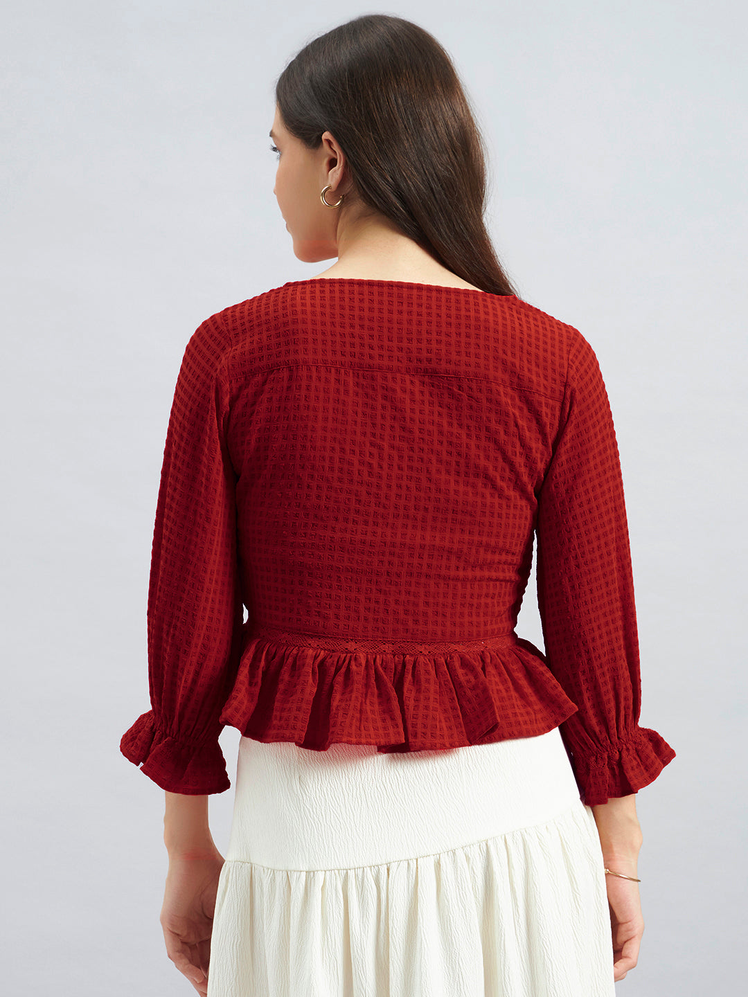 Red Textured Poly Crepe Peplum Top