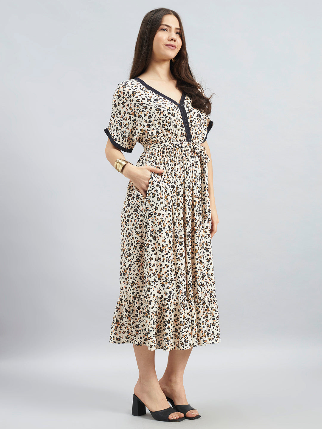 Animal Print Rayon Midi Dress with Tie-Up Waist