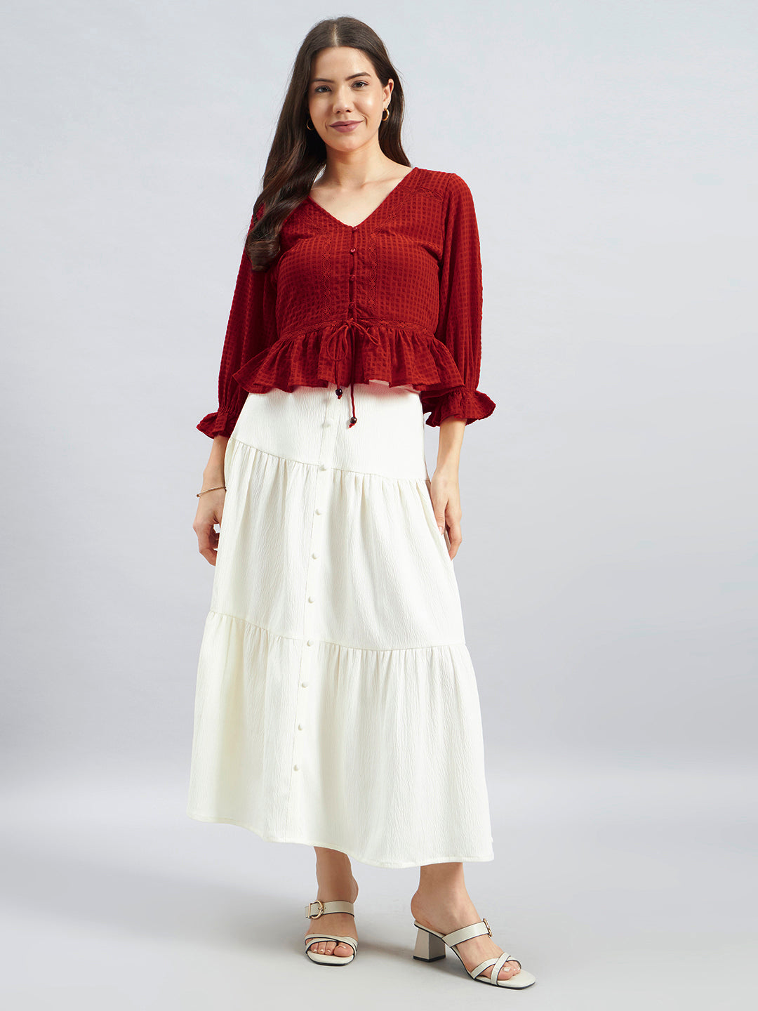Red Textured Poly Crepe Peplum Top
