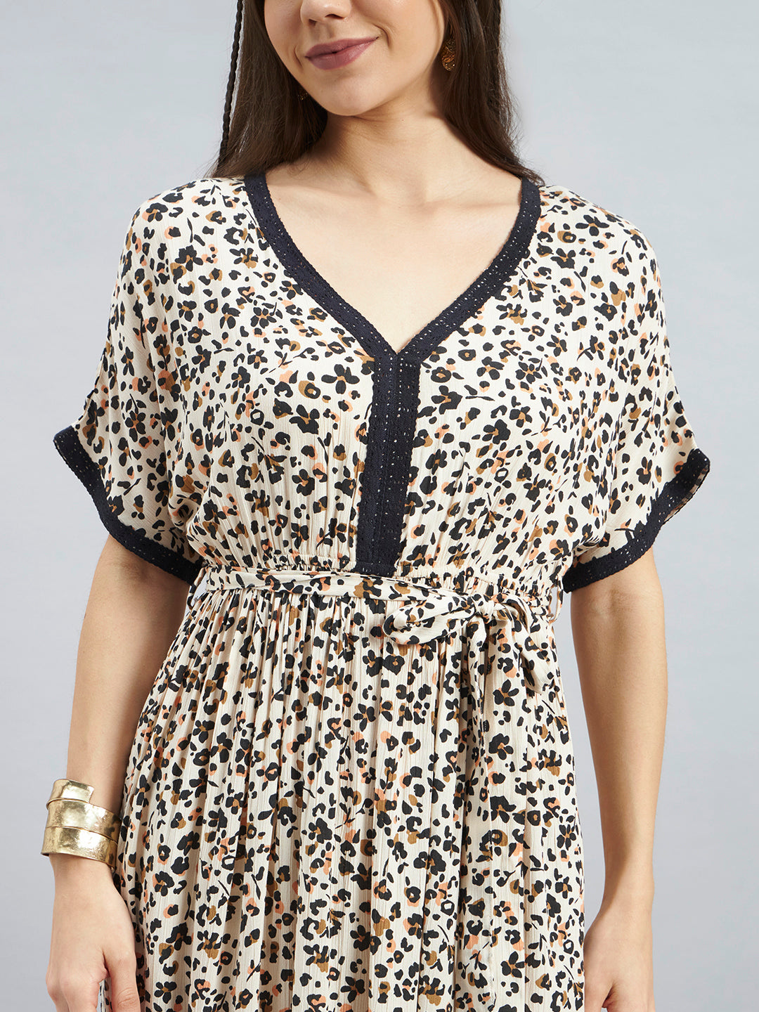 Animal Print Rayon Midi Dress with Tie-Up Waist