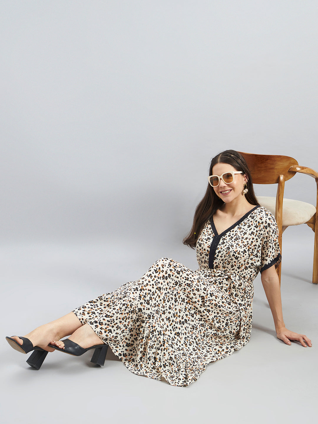 Animal Print Rayon Midi Dress with Tie-Up Waist