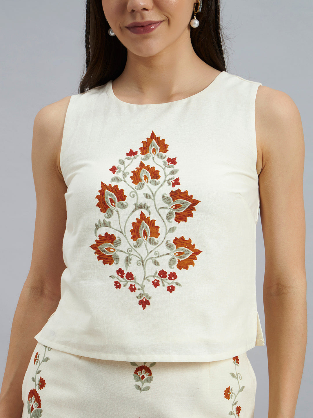 Ivory Floral Embroidered Placement Printed Coords In Cotton Flax