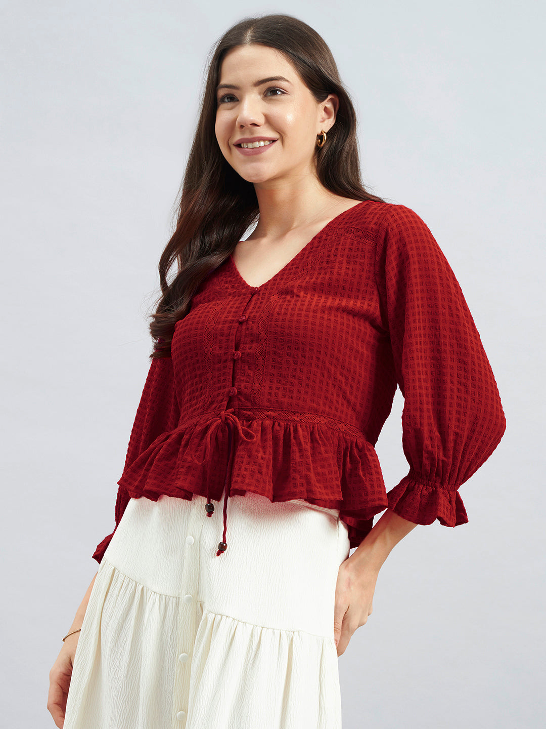 Red Textured Poly Crepe Peplum Top