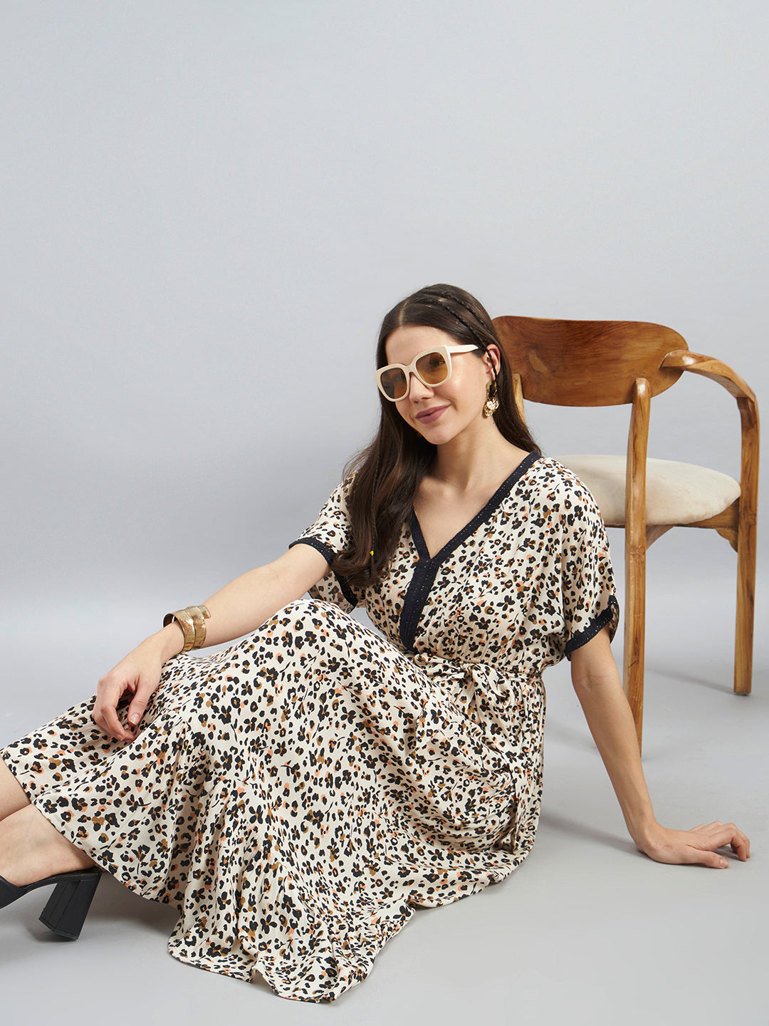 Animal Print Rayon Midi Dress with Tie-Up Waist