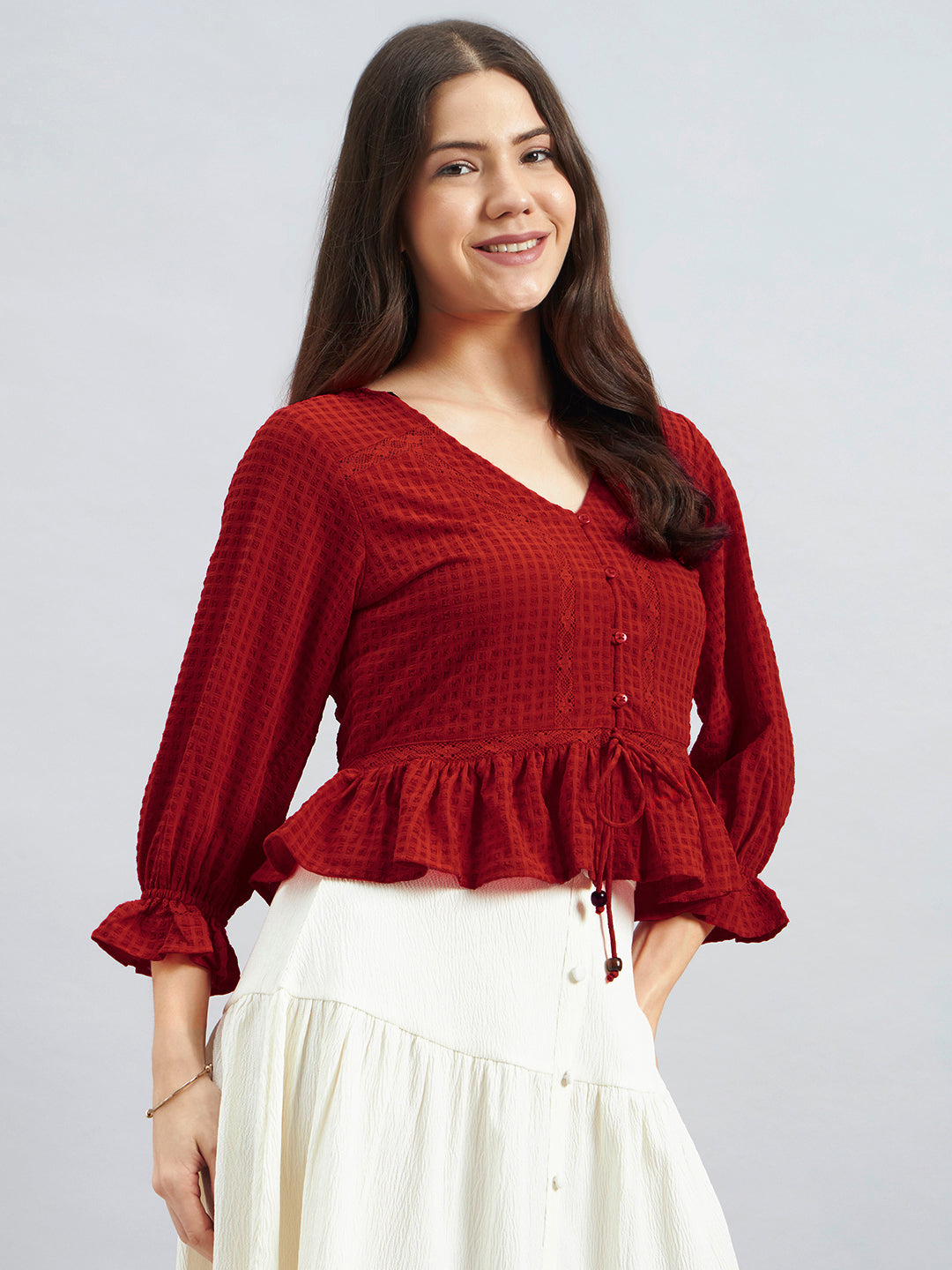 Red Textured Poly Crepe Peplum Top