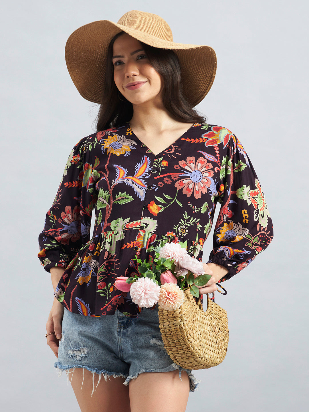 Floral Print Rayon Crepe Peplum Top
