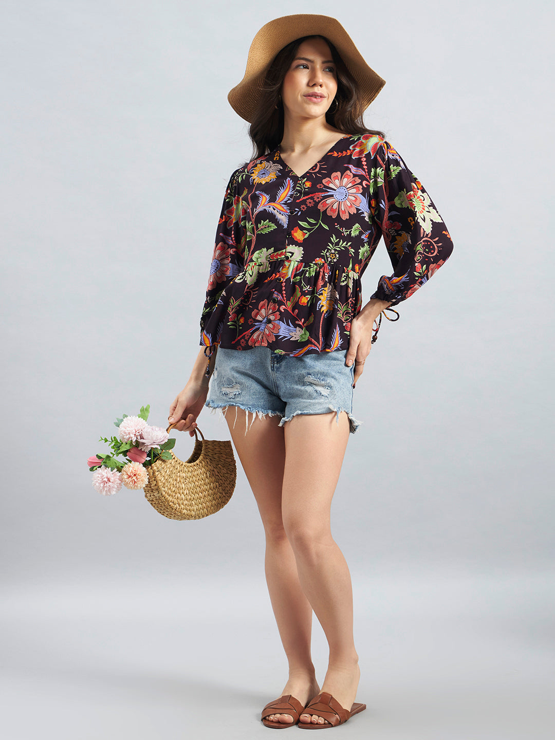 Floral Print Rayon Crepe Peplum Top
