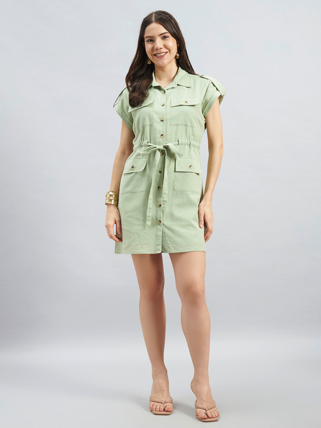 Sage Green Cotton Utility Shirt Dress With Waist Tie