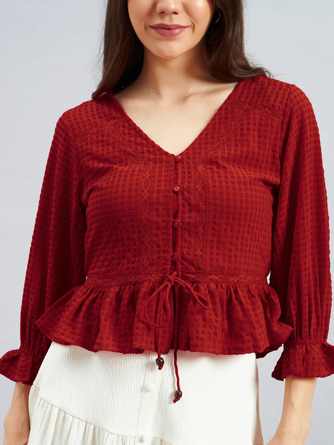 Red Textured Poly Crepe Peplum Top