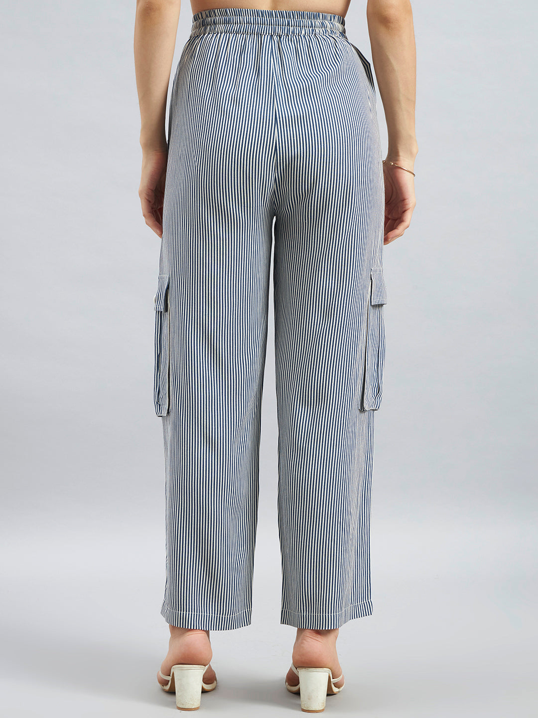 Blue White Pinstripe Viscose Flex Cargo Pants