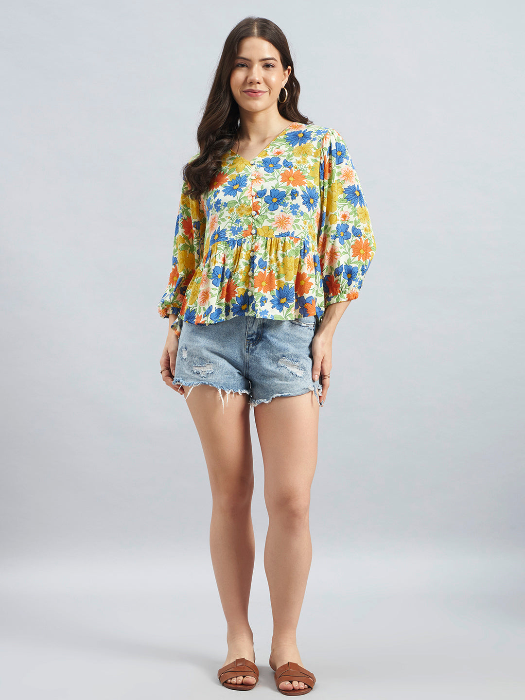 Floral Printed Rayon Peplum Top