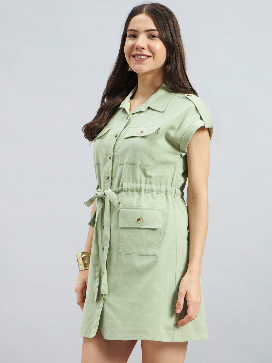 Sage Green Cotton Utility Shirt Dress With Waist Tie