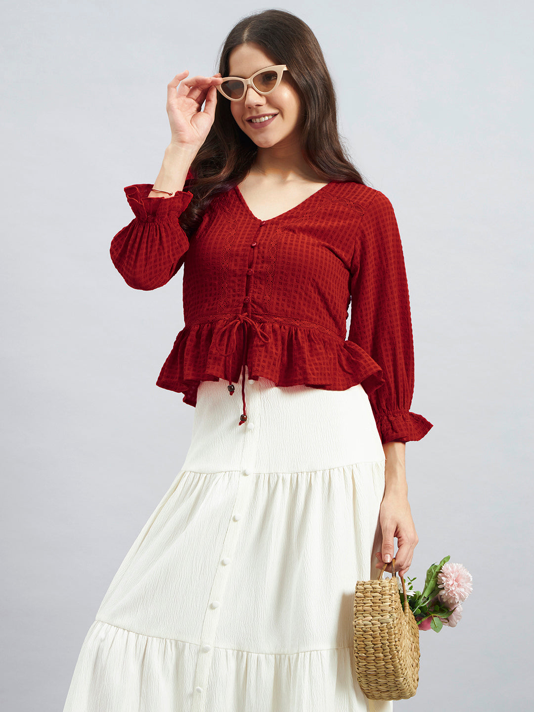 Red Textured Poly Crepe Peplum Top