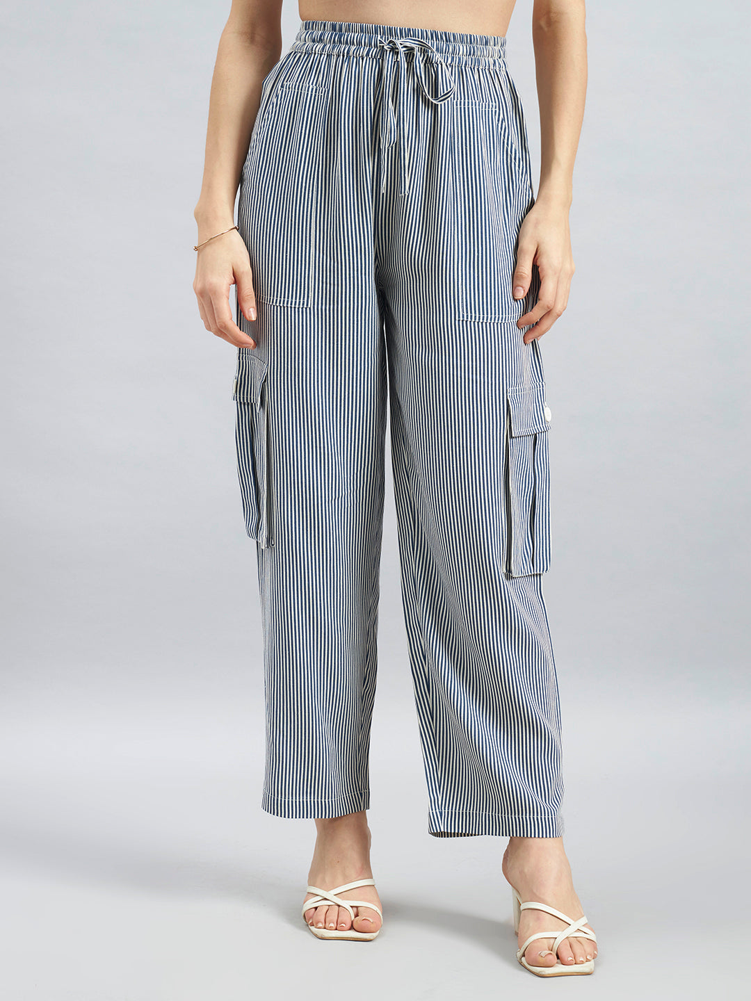 Blue White Pinstripe Viscose Flex Cargo Pants