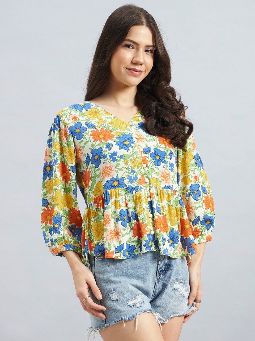 Floral Printed Rayon Peplum Top