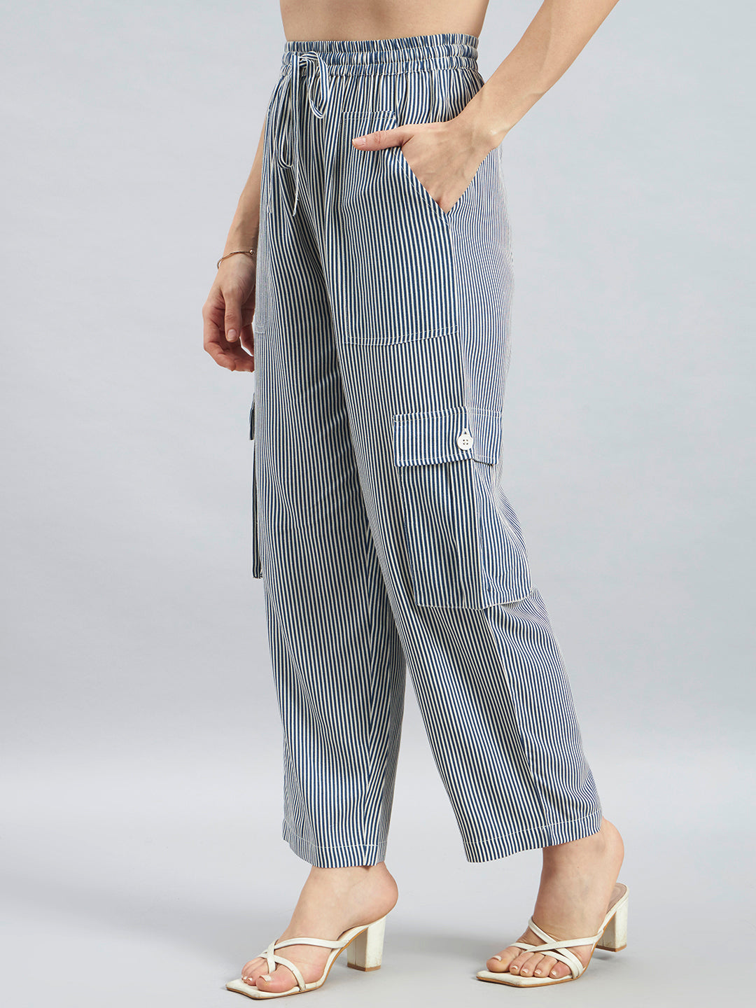 Blue White Pinstripe Viscose Flex Cargo Pants