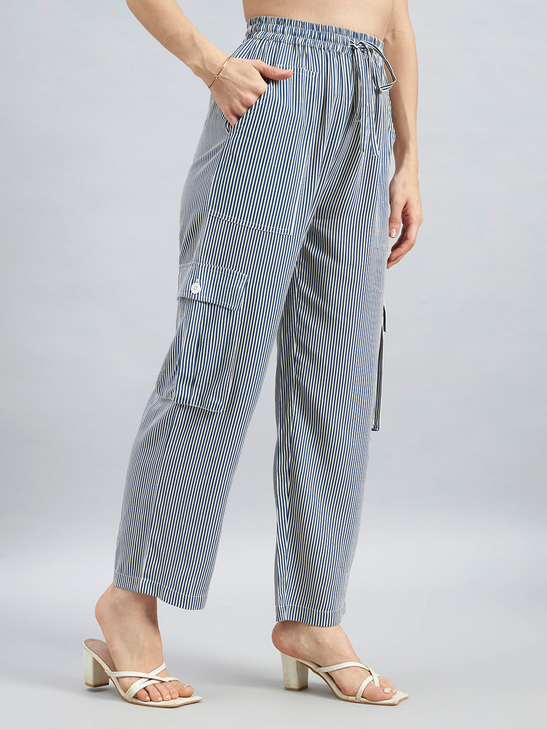 Blue White Pinstripe Viscose Flex Cargo Pants