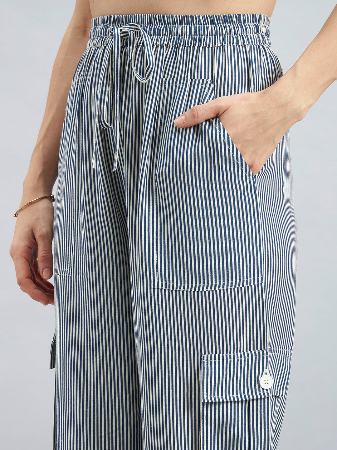 Blue White Pinstripe Viscose Flex Cargo Pants