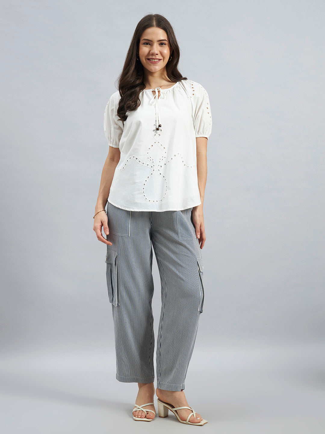 Blue White Pinstripe Viscose Flex Cargo Pants