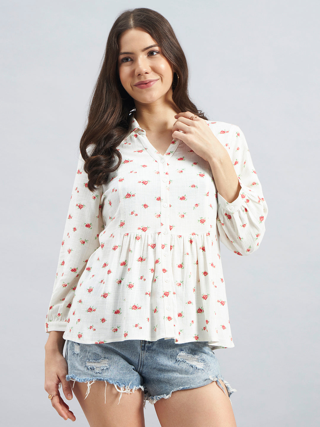 White Floral Printed Peplum Viscose Top