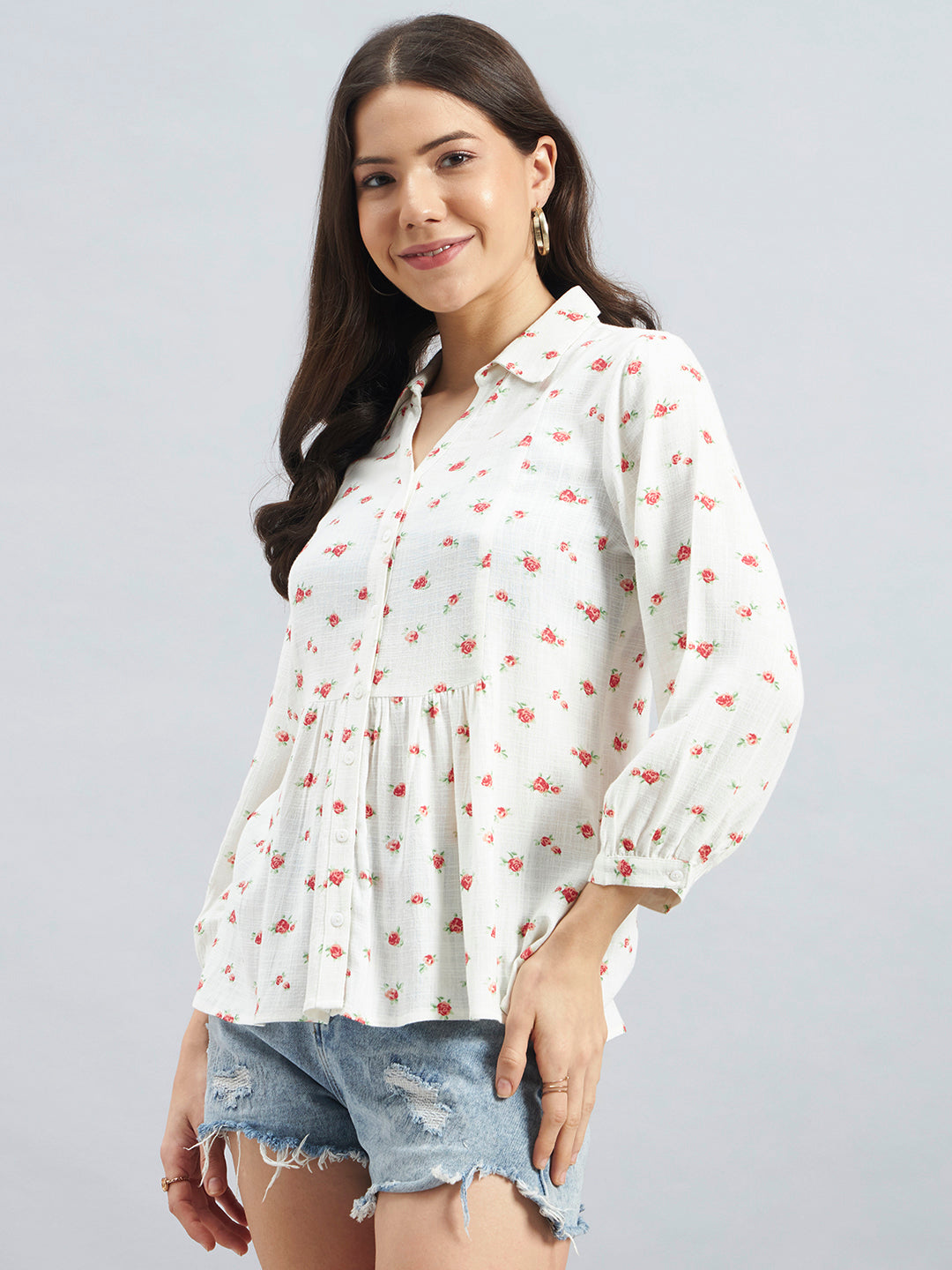 White Floral Printed Peplum Viscose Top