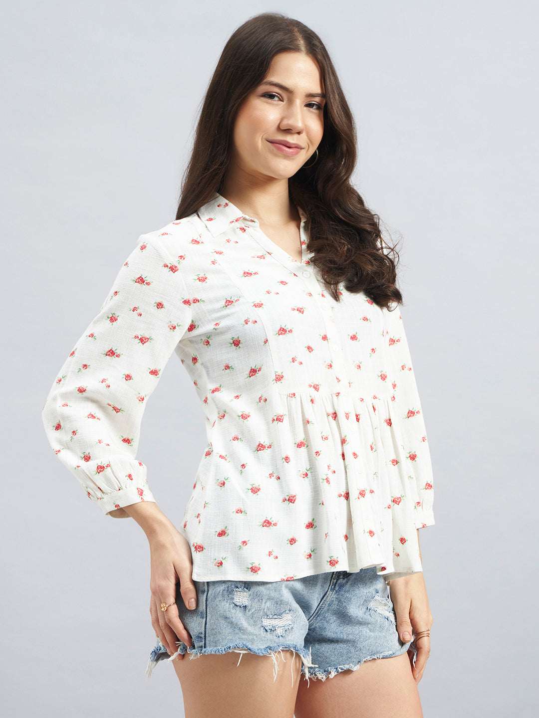 White Floral Printed Peplum Viscose Top