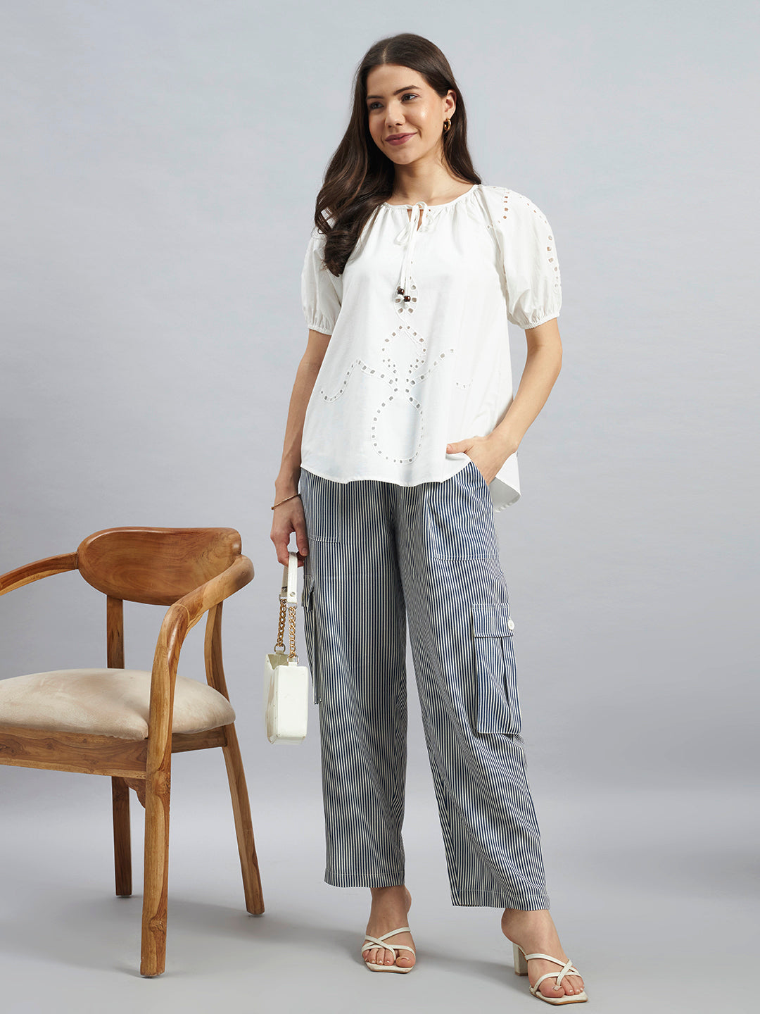 Blue White Pinstripe Viscose Flex Cargo Pants