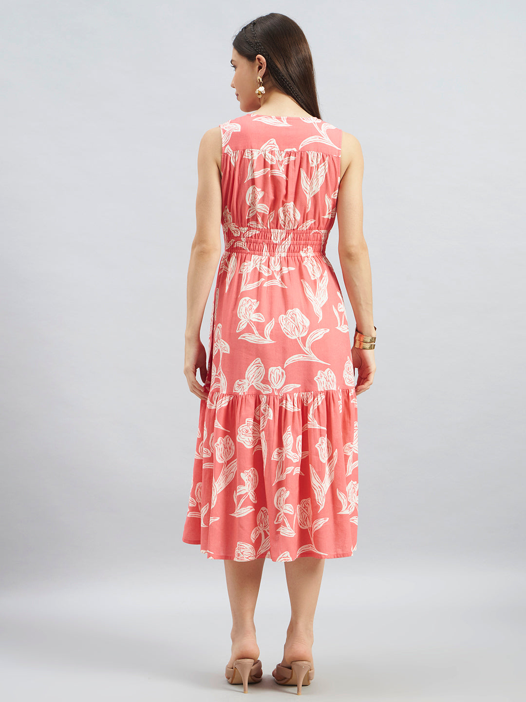 Coral Floral Printed Sleeveless Cotton Midi Dress