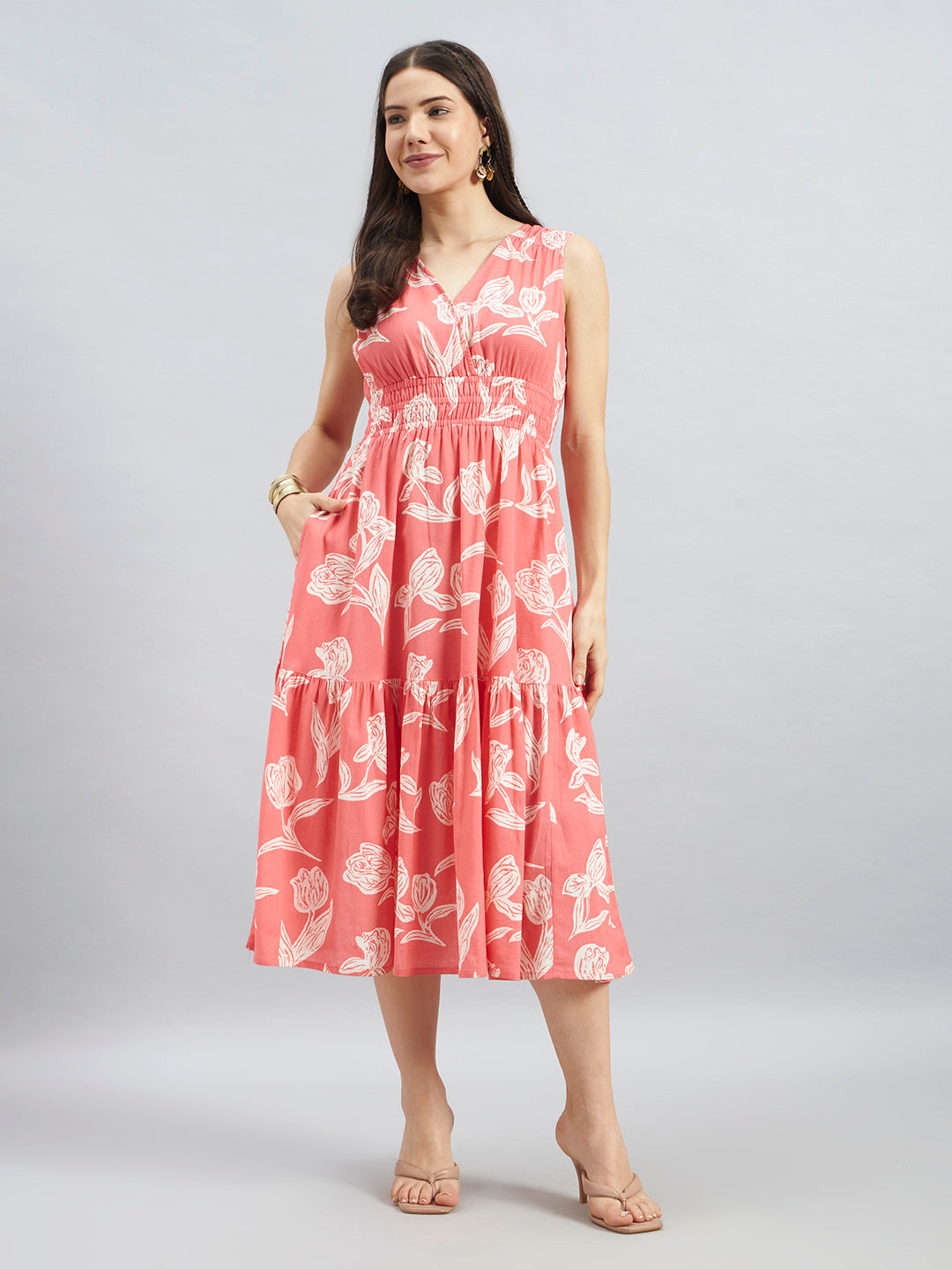 Coral Floral Printed Sleeveless Cotton Midi Dress