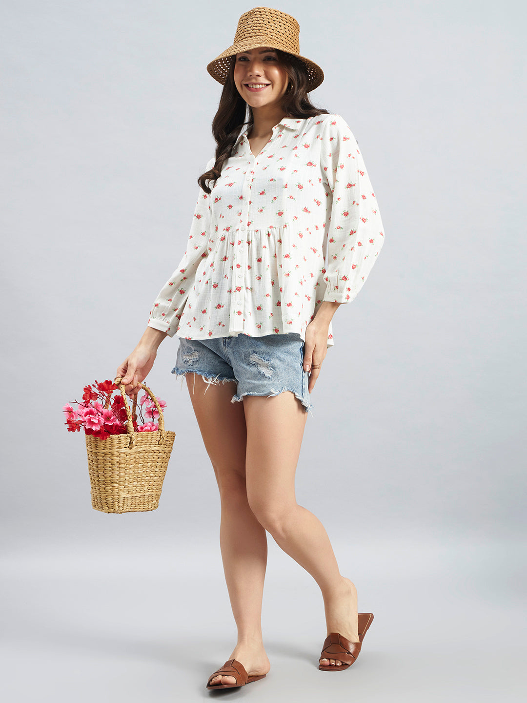 White Floral Printed Peplum Viscose Top