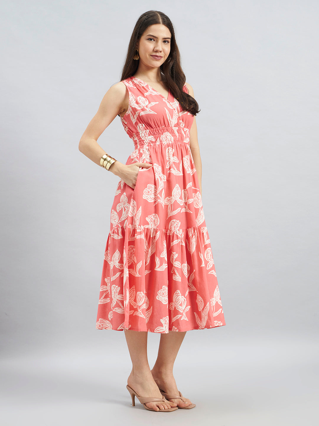 Coral Floral Printed Sleeveless Cotton Midi Dress