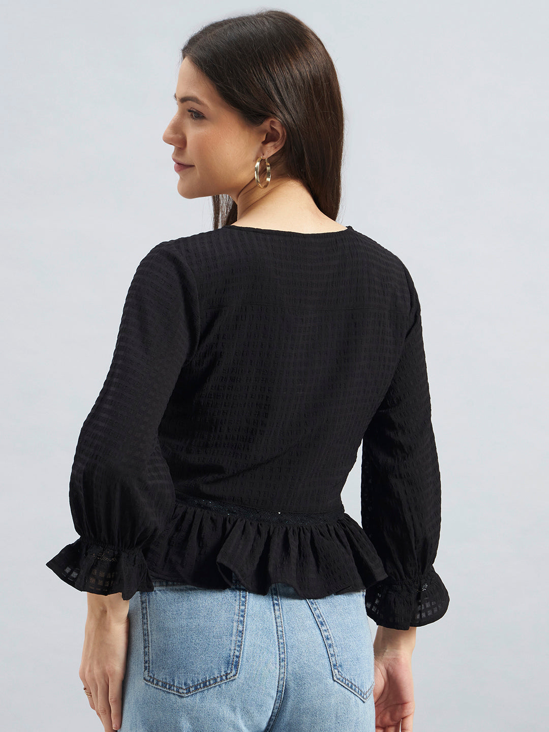 Black Textured Poly Crepe Peplum Top