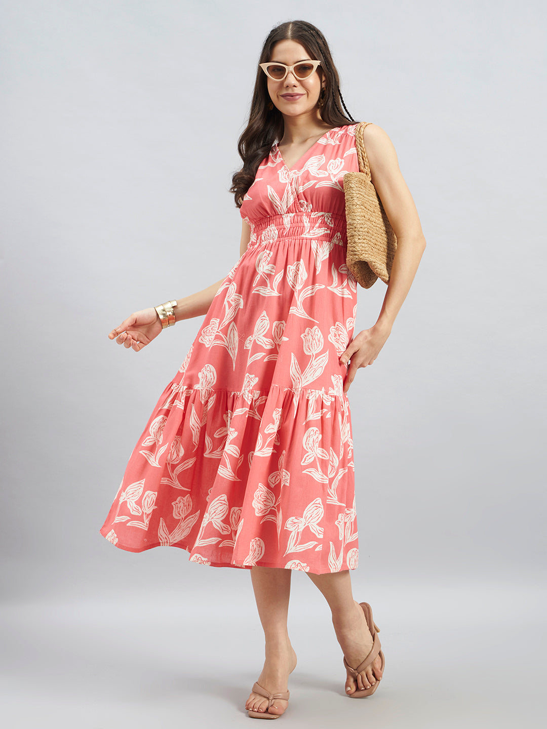 Coral Floral Printed Sleeveless Cotton Midi Dress
